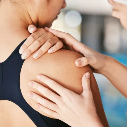 Closeup, shoulder pain or girl swimmer with injury after exercise, training or workout accident eme.